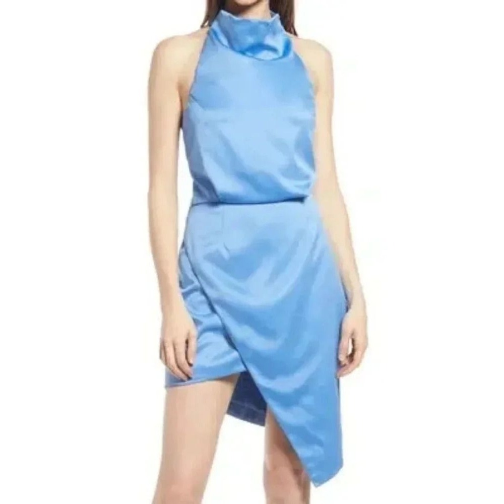 ELLIATT Blue Halter Neck Asymmetrical Wrap Cocktail‎ Dress Size L NWOT